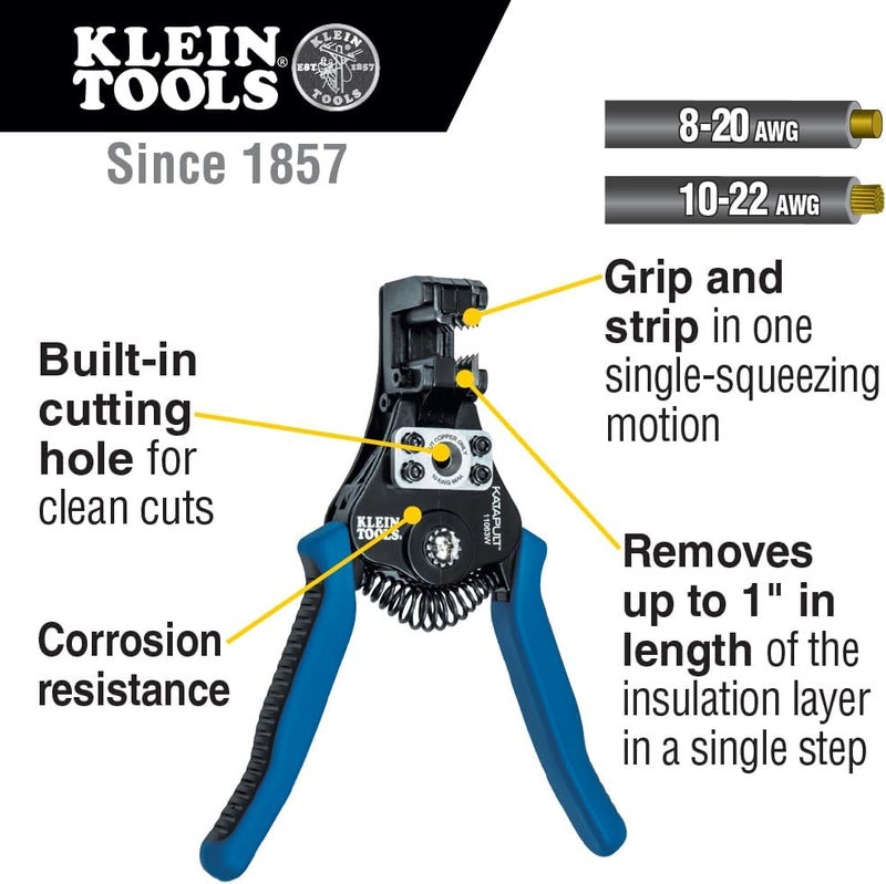 Klein Tools 11063W Wire Cutter/Stripper, Heavy Duty Automatic Tool for 8-20 AWG Solid and 10-22 AWG Stranded Electrical Wire - Image 2